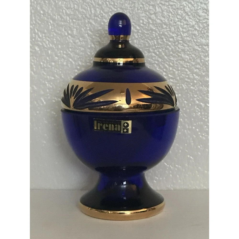 Irena Poland 24% Lead Crystal Cobalt Blue Gold Hand Cut Container Candy Dish Lid